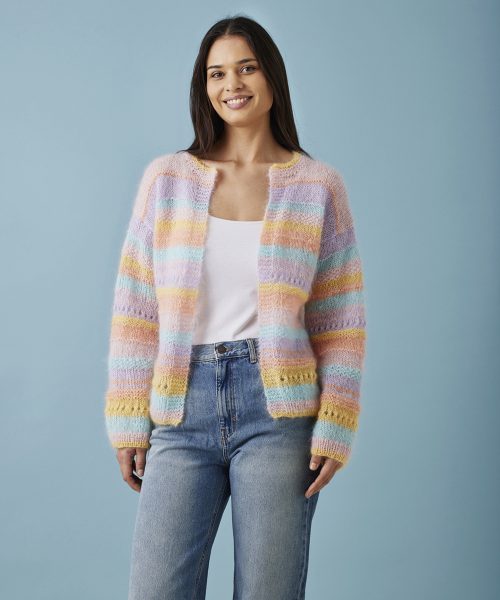 Cardigan i lune pasteller/restegarn