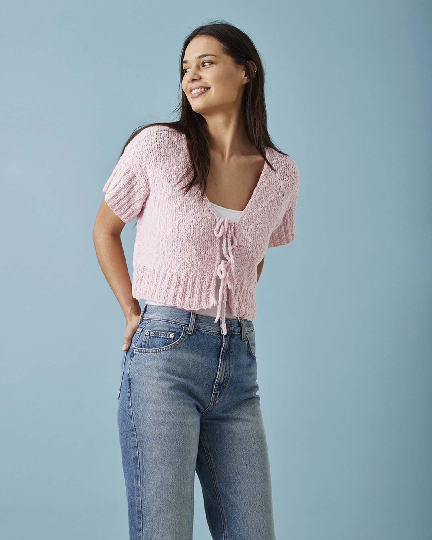 Kort genser med I-cordkant og knytebånd (Oppskrift)